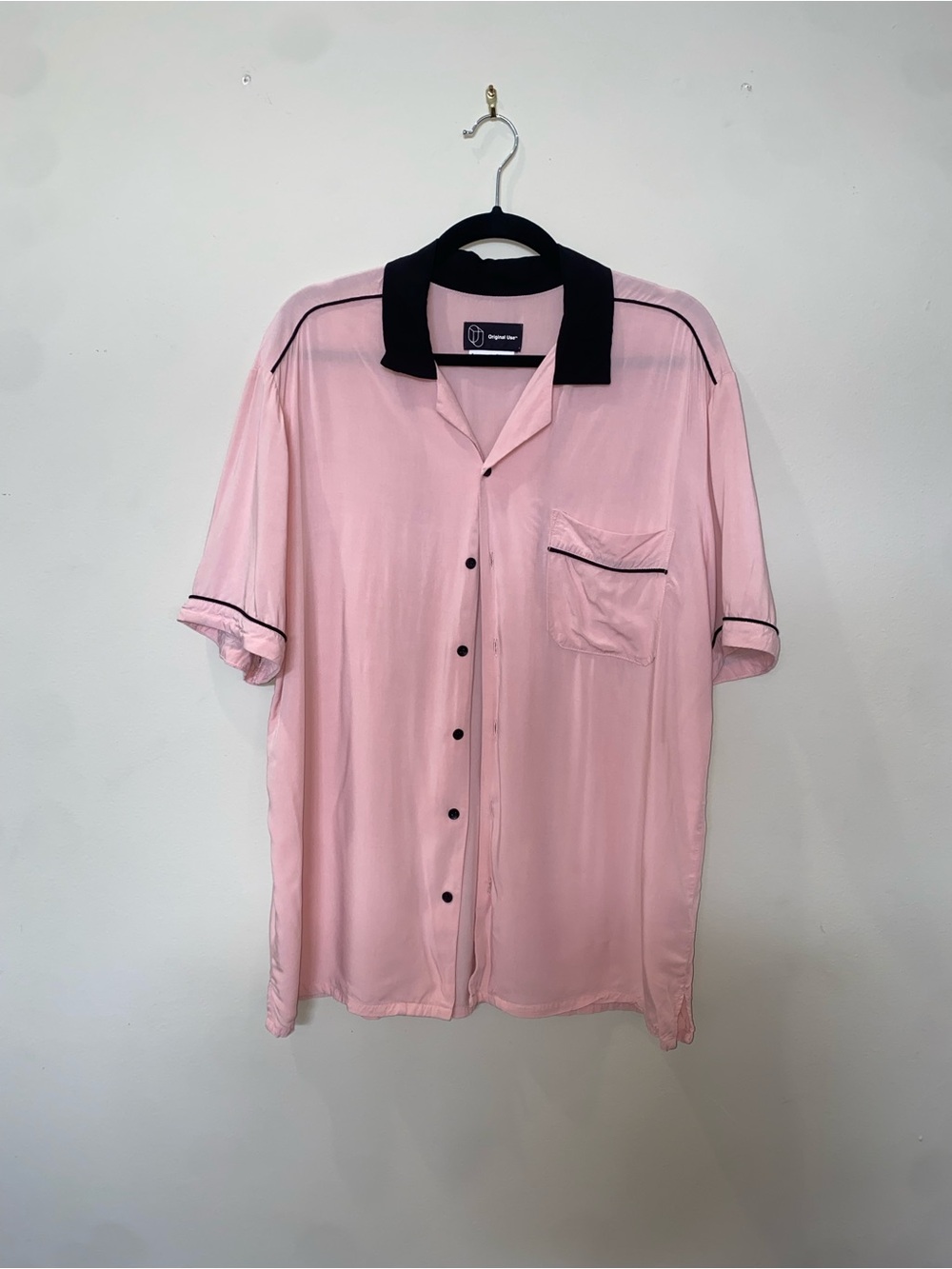 Original Use Pink Short-Sleeve Button-Up Bowling Shirt with Black Trim